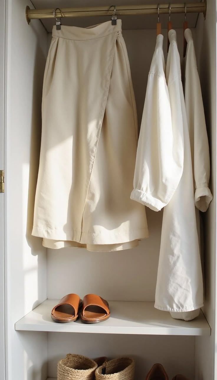 Clothing and shoes in a white wardrobe